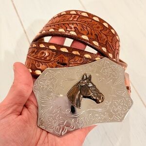 Sold Western Horse Head Buckle Acorn Belt Tooled Leather 32
